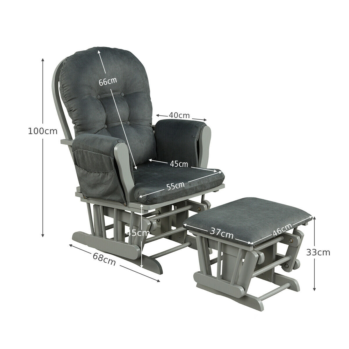 Wooden Glider Reclining Chair Padded Cushions with  Footstool -Grey