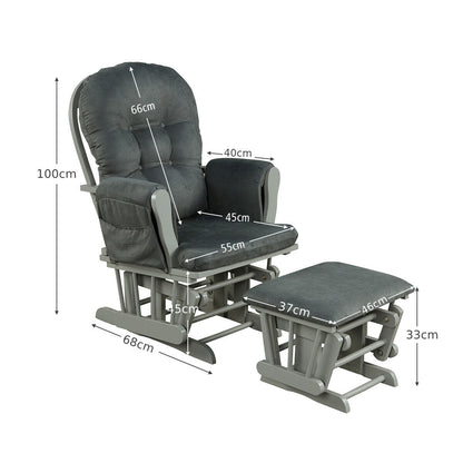 Wooden Glider Reclining Chair Padded Cushions with  Footstool -Grey