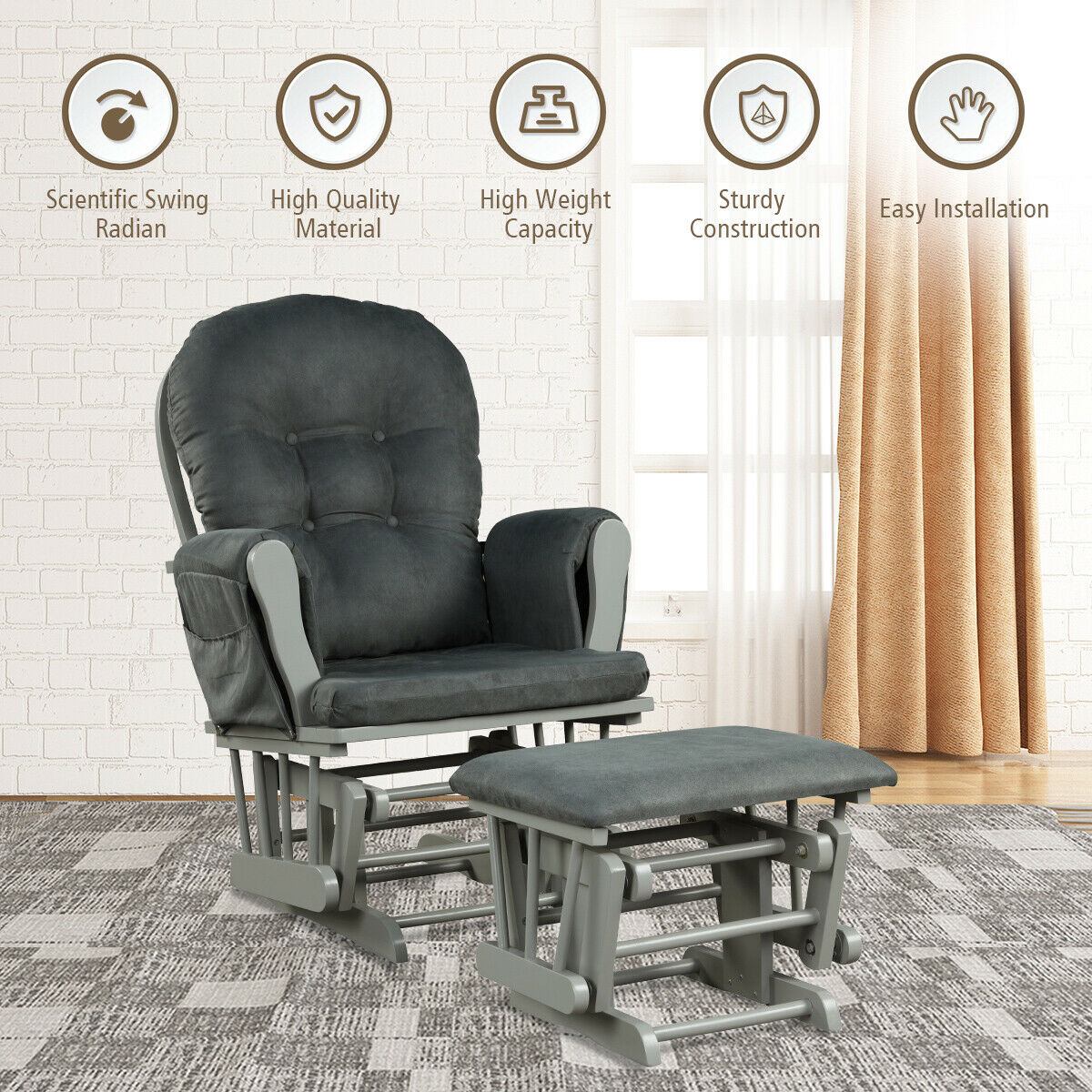 Wooden Glider Reclining Chair Padded Cushions with  Footstool -Grey