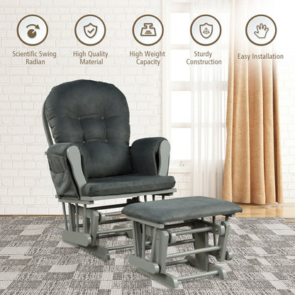 Wooden Glider Reclining Chair Padded Cushions with  Footstool -Grey