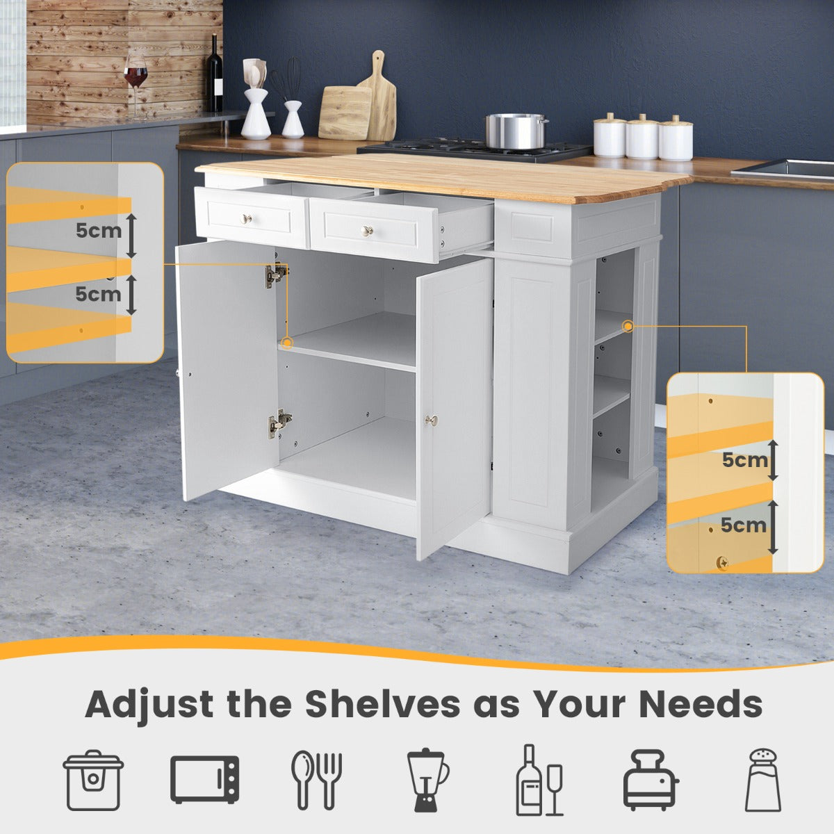 Drop-Leaf Kitchen Island with Extendable Worktop and Adjustable Shelves-White