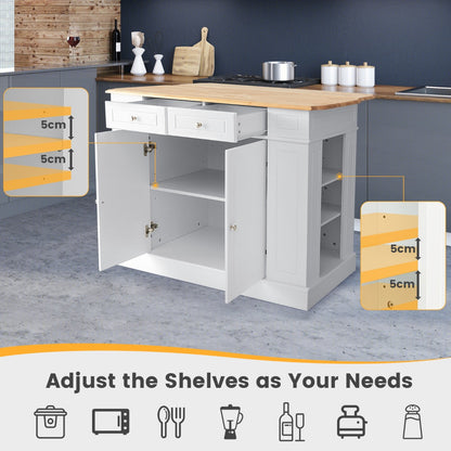 Drop-Leaf Kitchen Island with Extendable Worktop and Adjustable Shelves-White