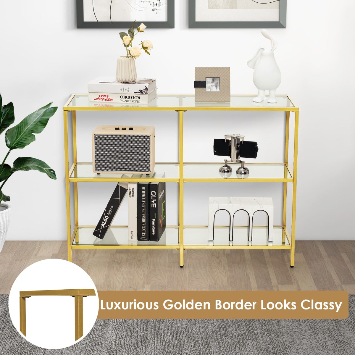 3-Tier Modern Console Table with Tempered Glass Shelf and Gold Frame-100 x 30 x 73 cm