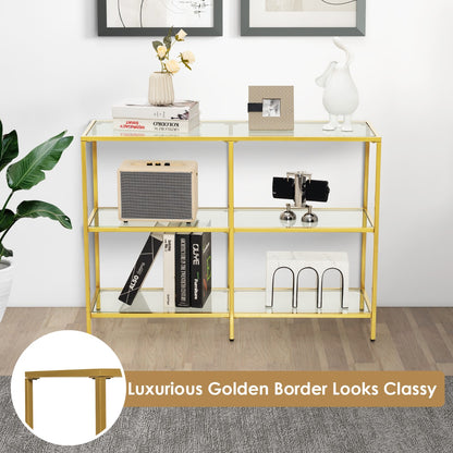 3-Tier Modern Console Table with Tempered Glass Shelf and Gold Frame-100 x 30 x 73 cm