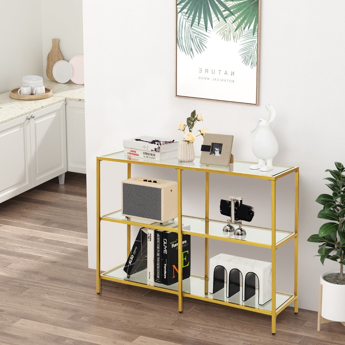 3-Tier Modern Console Table with Tempered Glass Shelf and Gold Frame-100 x 30 x 73 cm
