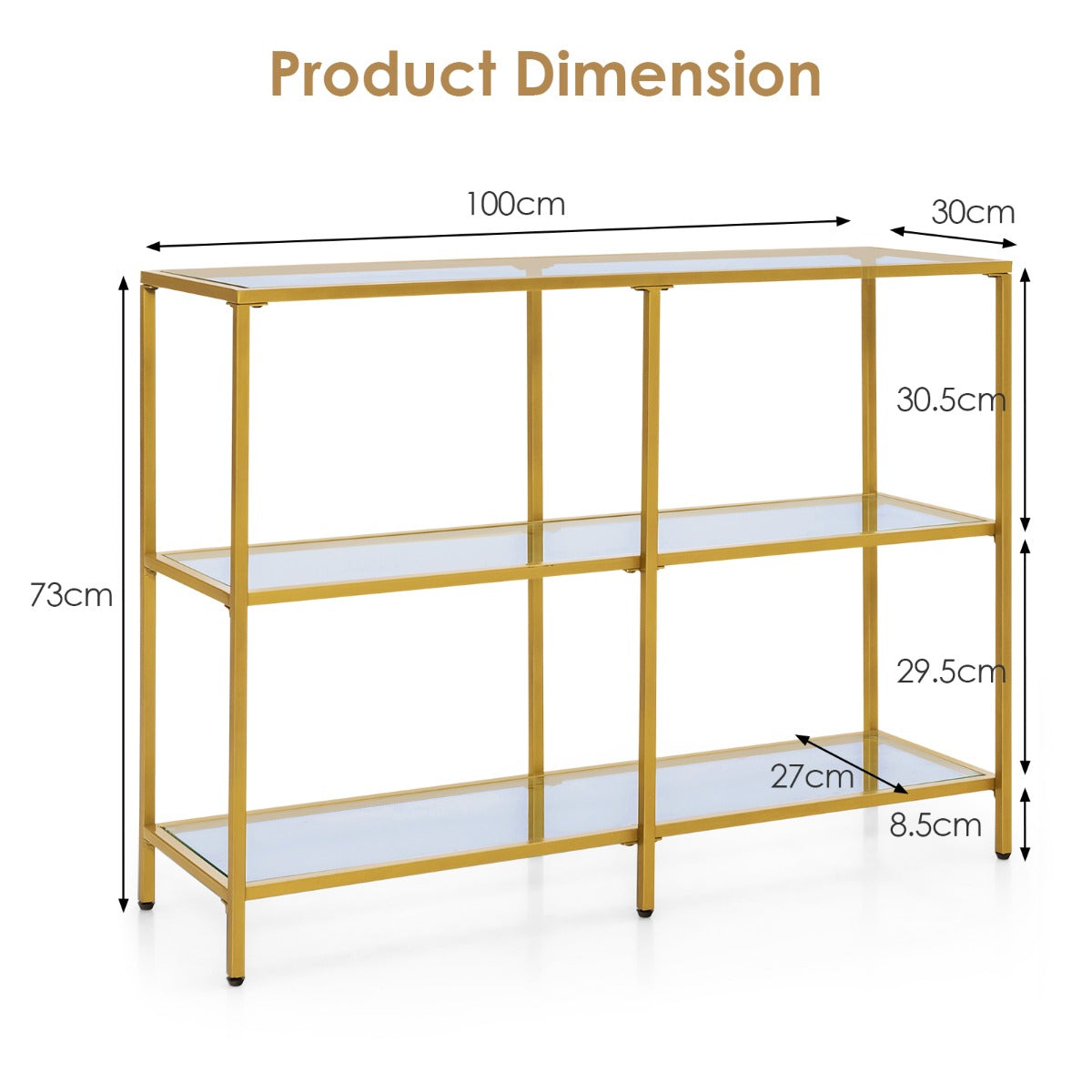 3-Tier Modern Console Table with Tempered Glass Shelf and Gold Frame-100 x 30 x 73 cm
