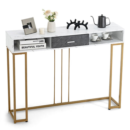 Long Narrow Hallway Console Table with Drawer and Compartments-White &amp; Golden