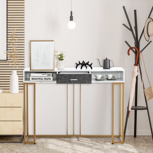 Long Narrow Hallway Console Table with Drawer and Compartments-White &amp; Golden