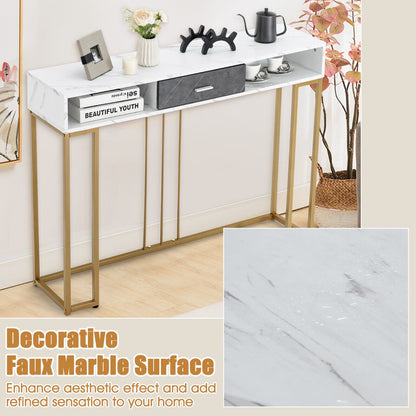 Long Narrow Hallway Console Table with Drawer and Compartments-White &amp; Golden