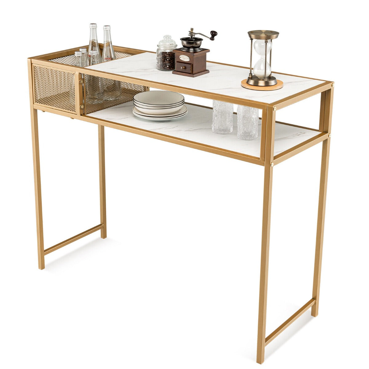 2-Tier Faux Marble Narrow Console Table with Mesh Storage Shelf-White