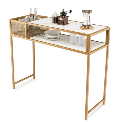 2-Tier Faux Marble Narrow Console Table with Mesh Storage Shelf-White