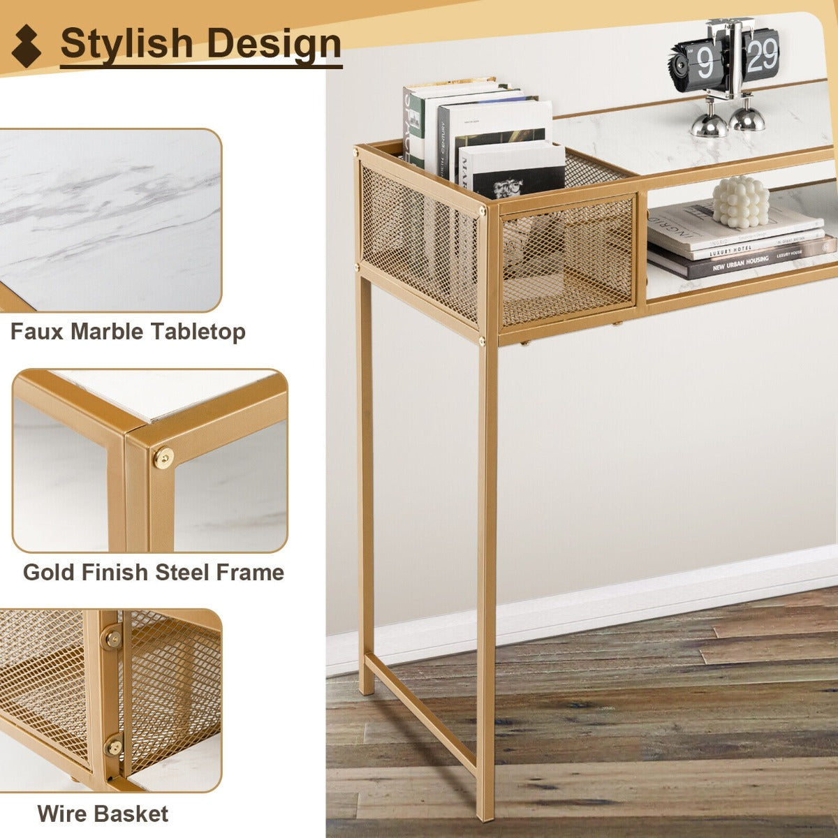 2-Tier Faux Marble Narrow Console Table with Mesh Storage Shelf-White