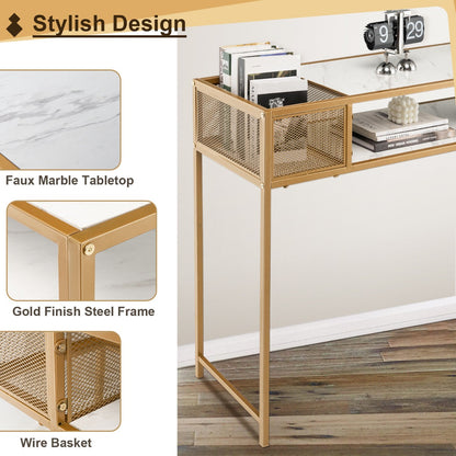 2-Tier Faux Marble Narrow Console Table with Mesh Storage Shelf-White
