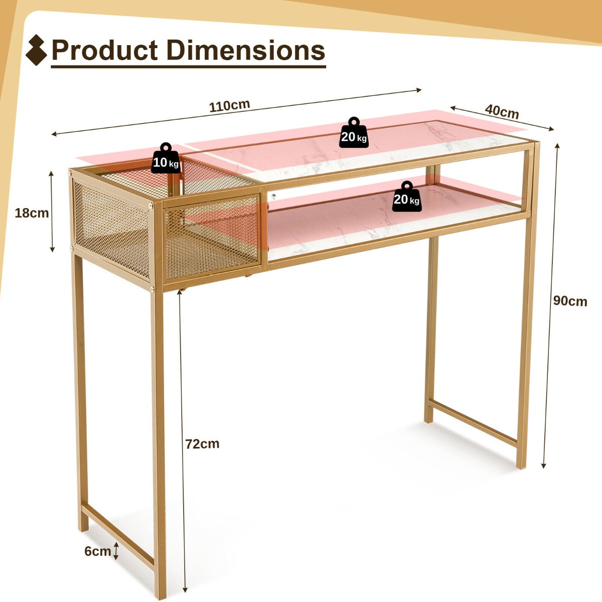 2-Tier Faux Marble Narrow Console Table with Mesh Storage Shelf-White