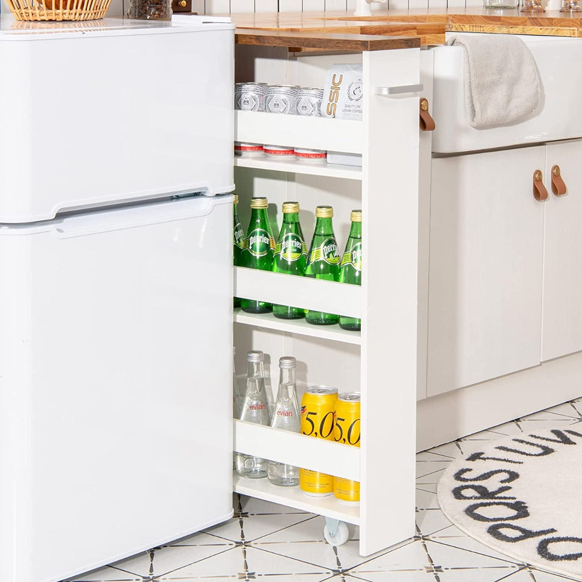4-Tier Slide-out Rolling Slim Storage Trolley for Kitchen Dining Room-White