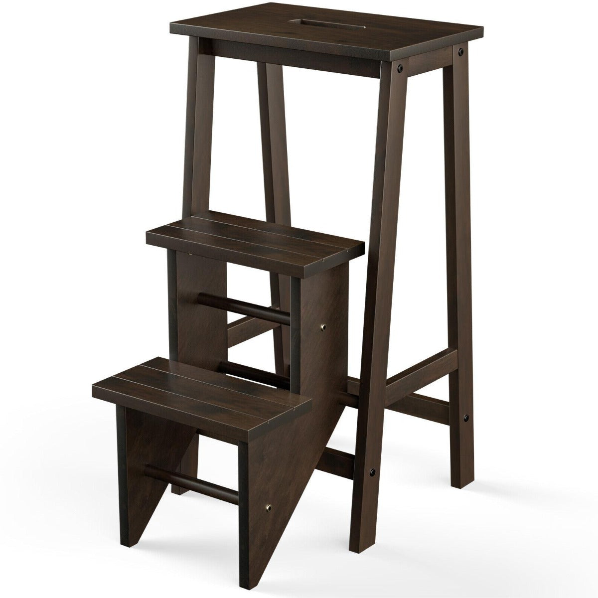 3-Tier Wooden Folding Portable Step Ladder with Carrying Handle-Brown