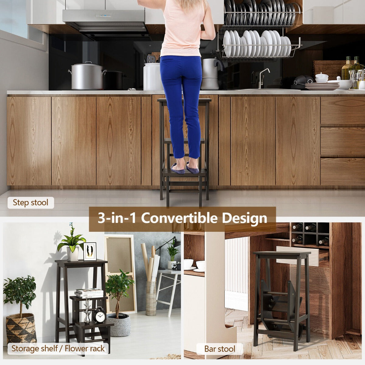 3-Tier Wooden Folding Portable Step Ladder with Carrying Handle-Brown