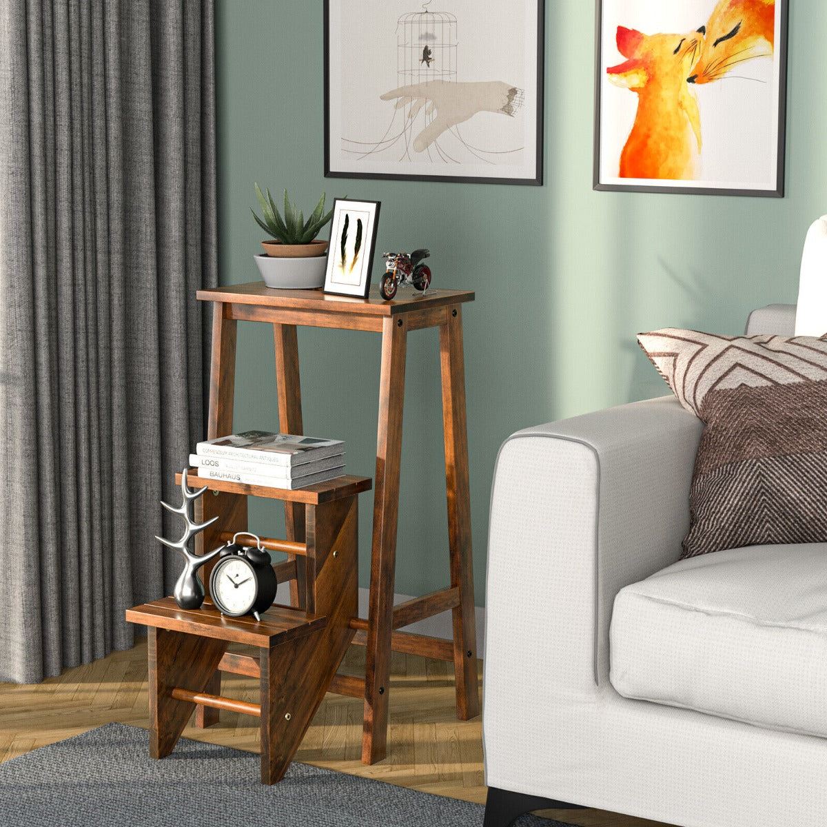 3-Tier Wooden Folding Portable Step Ladder with Carrying Handle-Coffee
