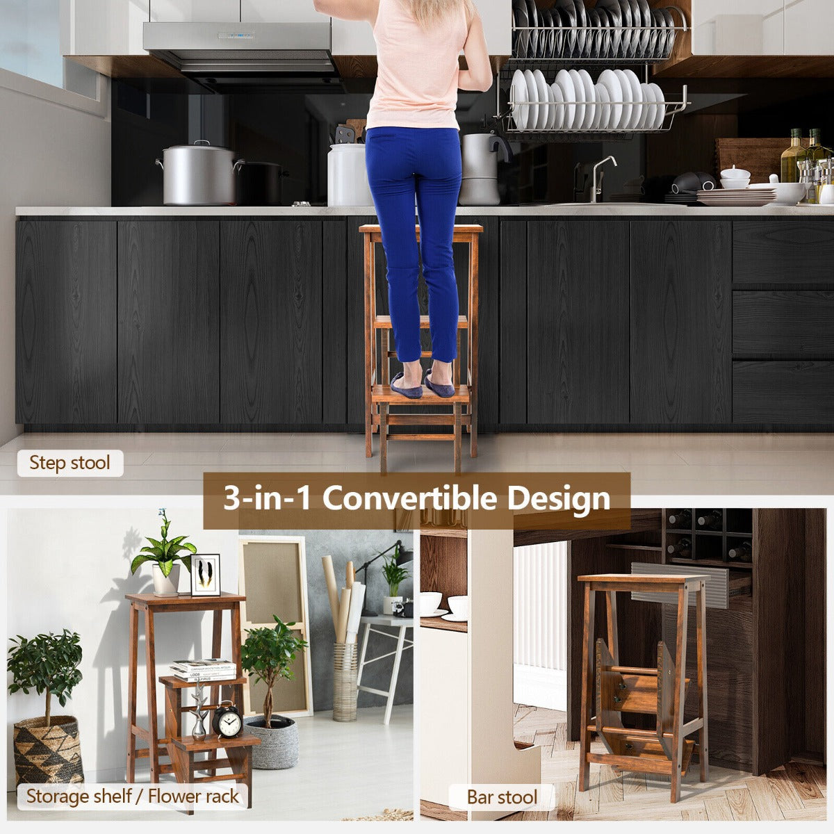 3-Tier Wooden Folding Portable Step Ladder with Carrying Handle-Coffee