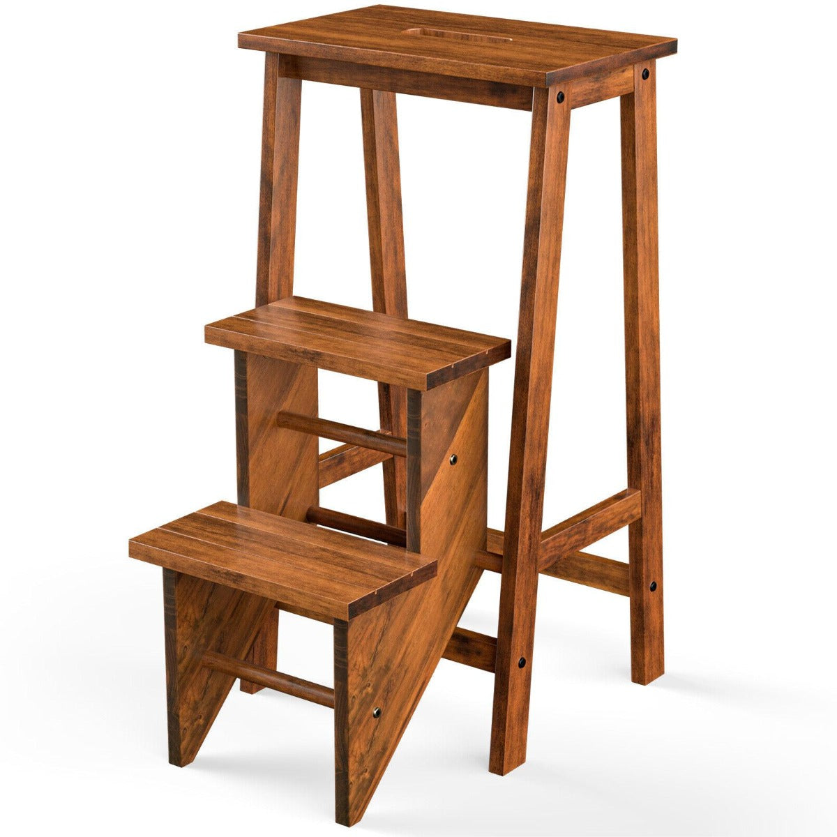 3-Tier Wooden Folding Portable Step Ladder with Carrying Handle-Coffee