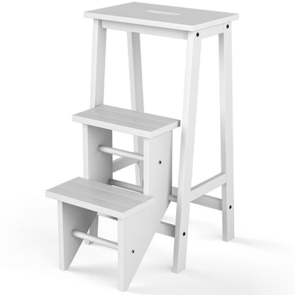 3-Tier Wooden Folding Portable Step Ladder with Carrying Handle-White