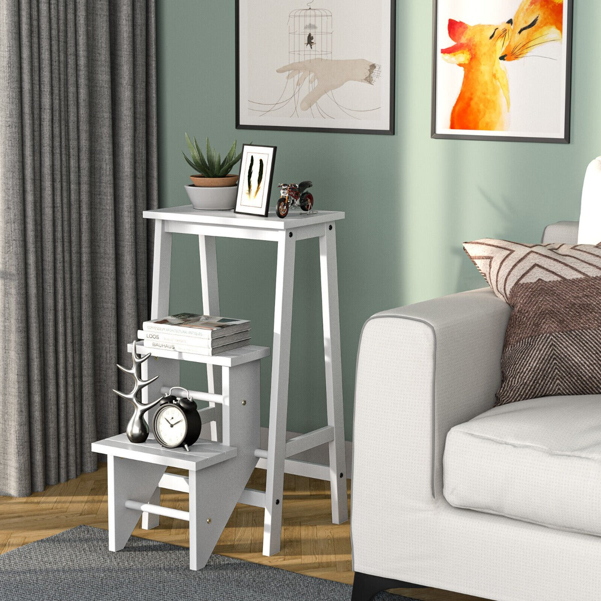 3-Tier Wooden Folding Portable Step Ladder with Carrying Handle-White