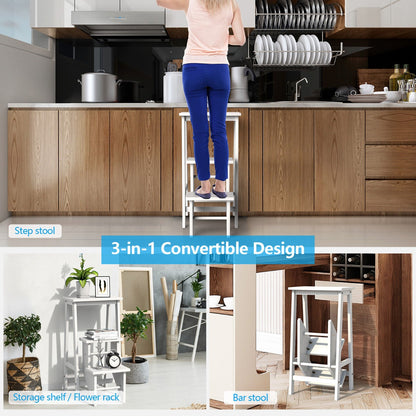 3-Tier Wooden Folding Portable Step Ladder with Carrying Handle-White