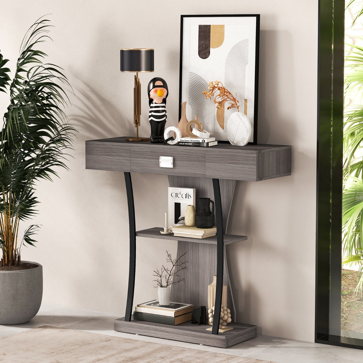 T-Shaped Console Table for Small Space-Grey