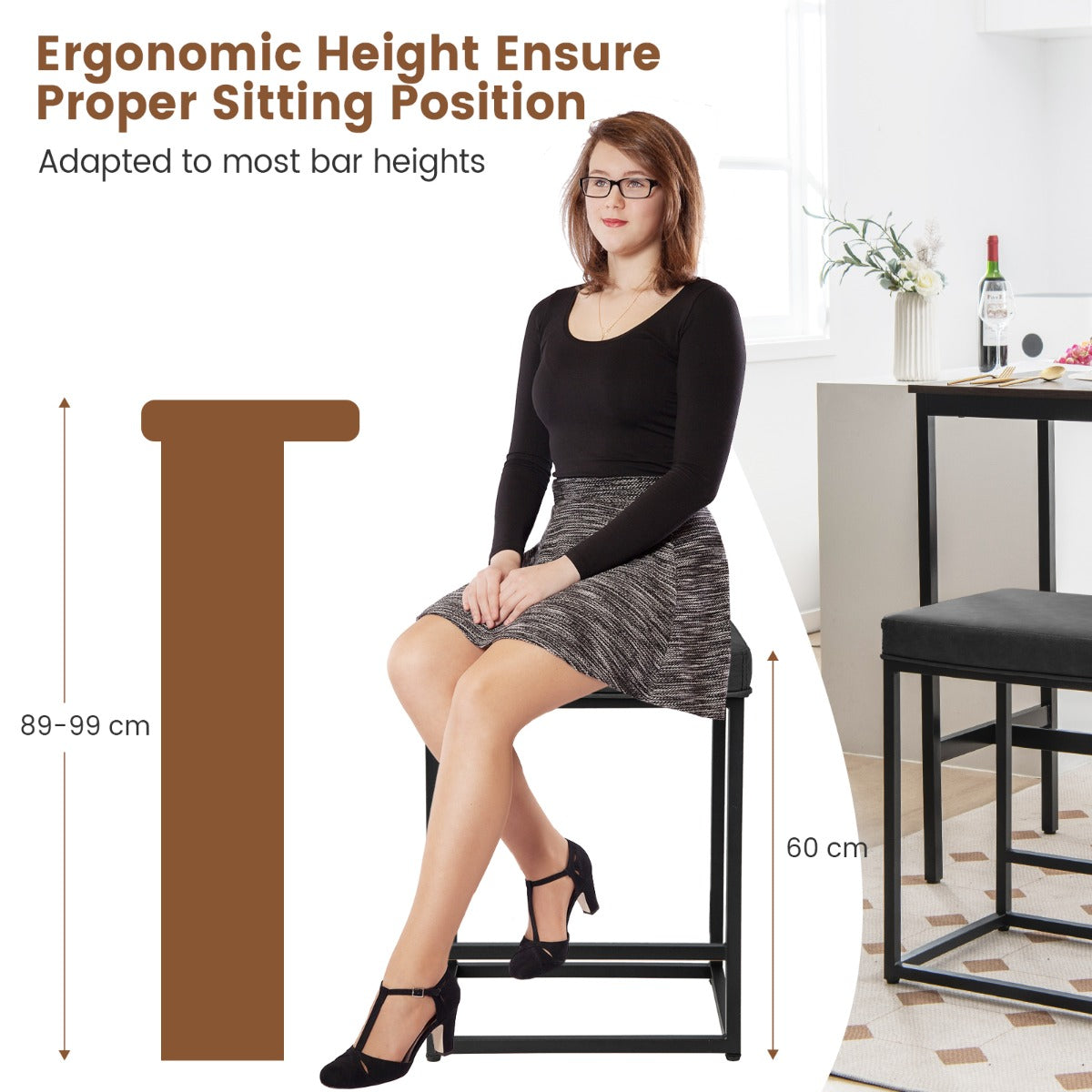 Bar Stools Set of 2 with PVC Leather Cushion-Black