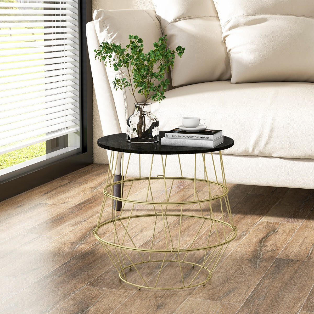 Faux Marble Top Side Table with Gold Metal Frame-Golden