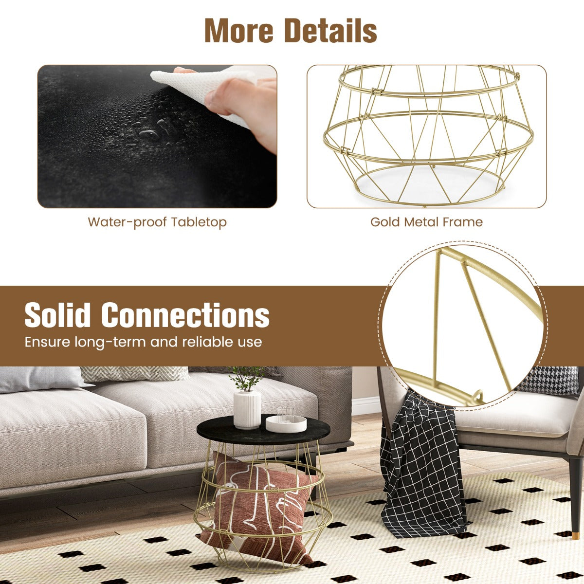 Faux Marble Top Side Table with Gold Metal Frame-Golden