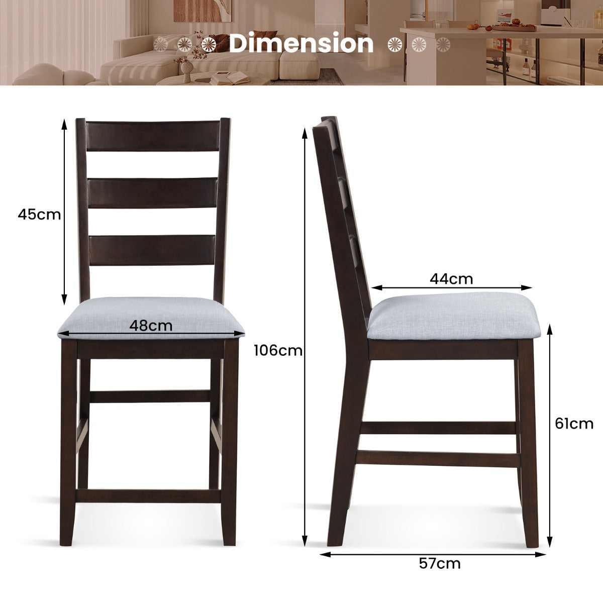 2-Piece Counter Height Bar Stool Set with Padded Seat and Rubber Wood Legs-Brown