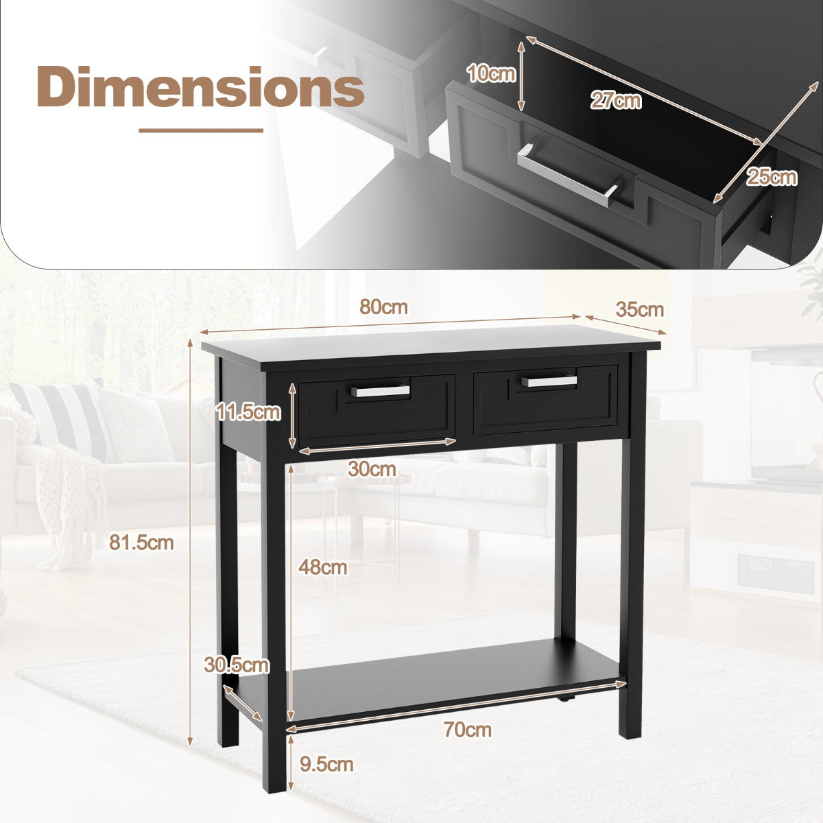 Modern Console Table 2 Drawer with Shelf-Black
