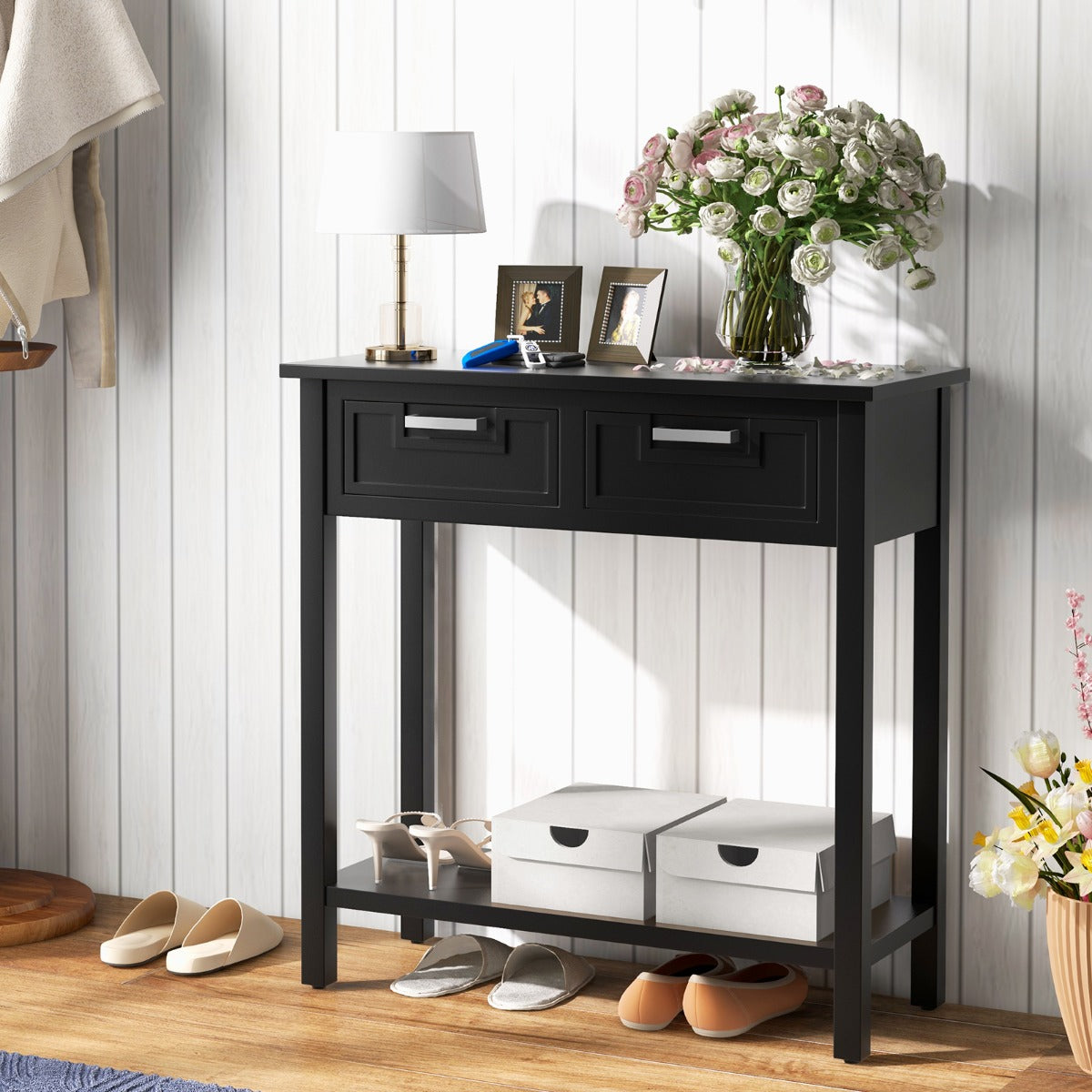 Modern Console Table 2 Drawer with Shelf-Black
