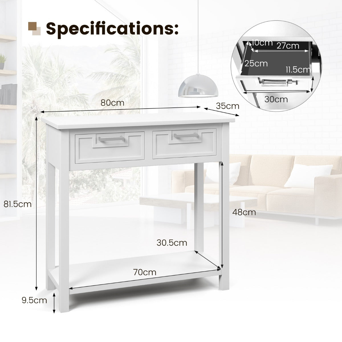 Modern Console Table 2 Drawer with Shelf-White