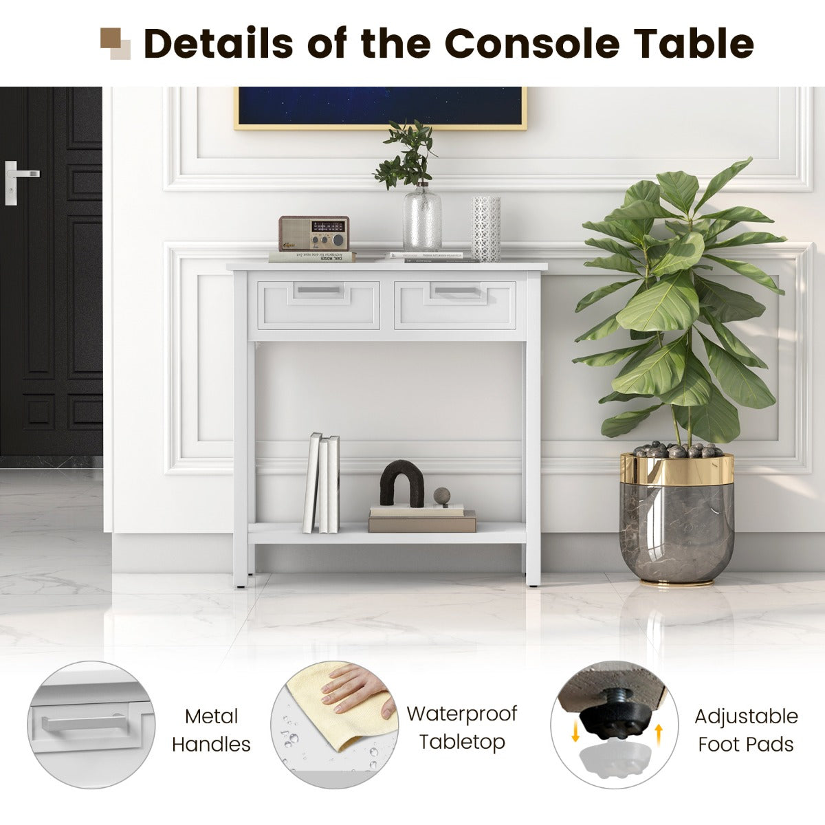 Modern Console Table 2 Drawer with Shelf-White