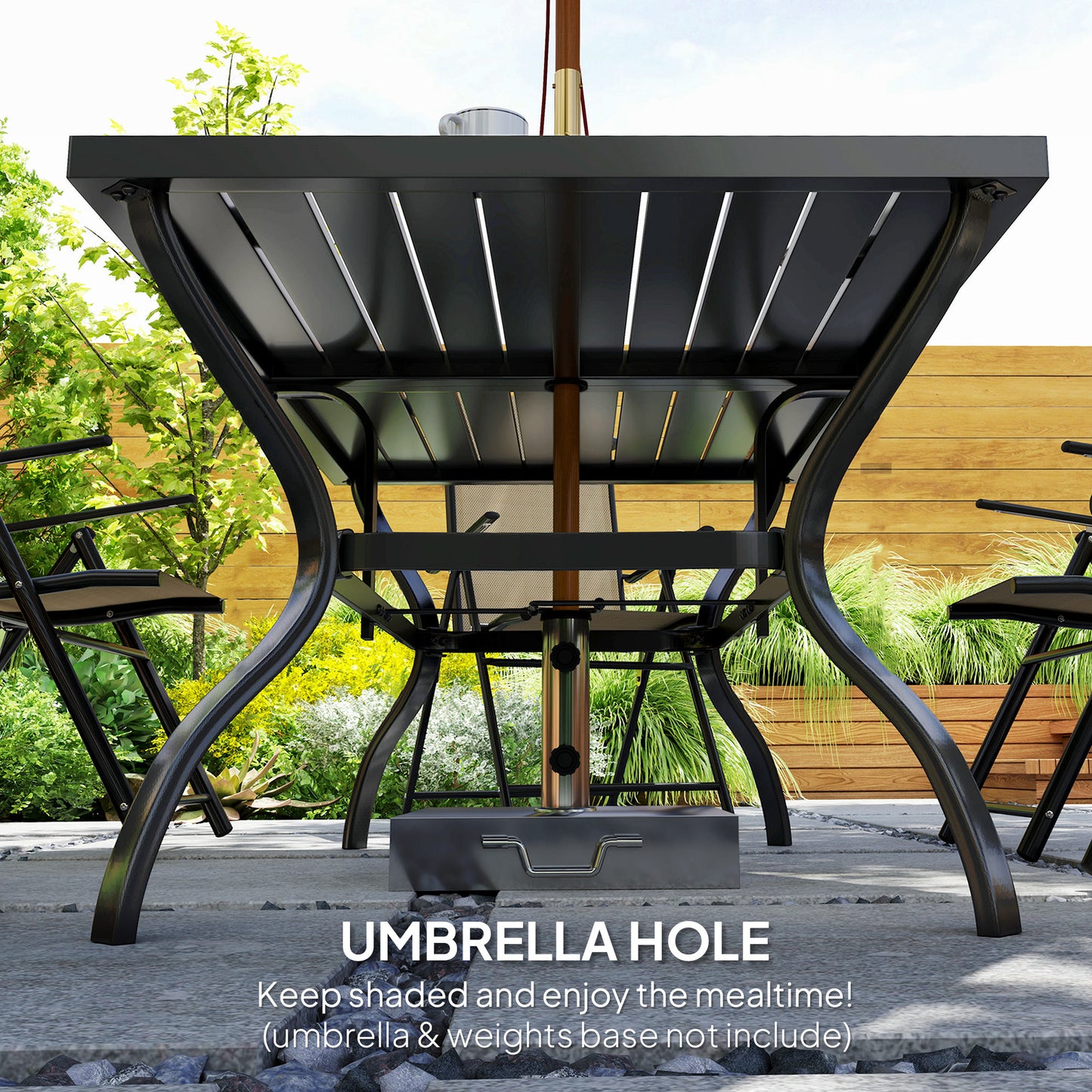 Outsunny Seven-Piece Steel Outdoor Dining Set, with Parasol Hole - Khaki