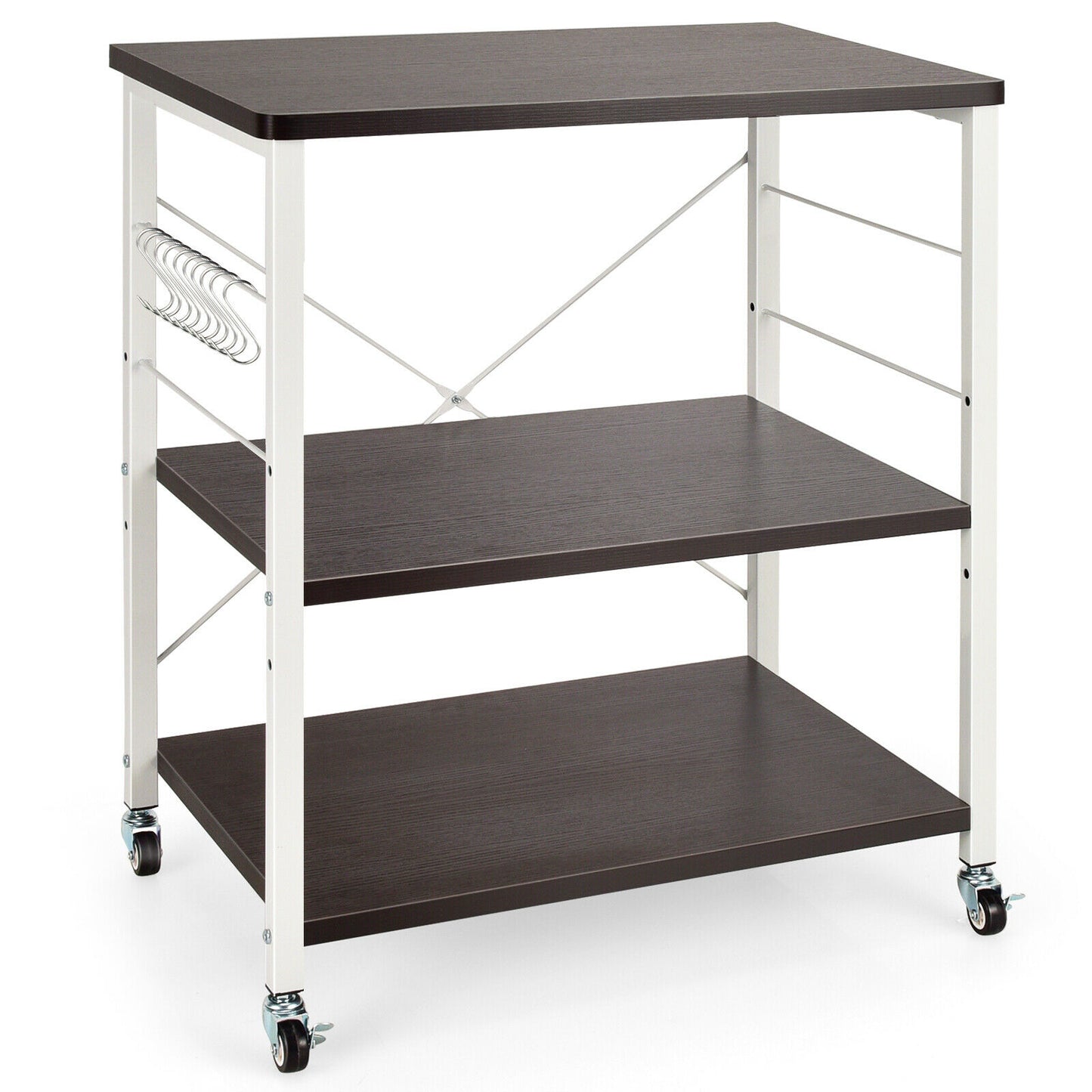 3 Tier Rolling Kitchen Baker's Rack with Adjustable Shelf and Hooks-Brown