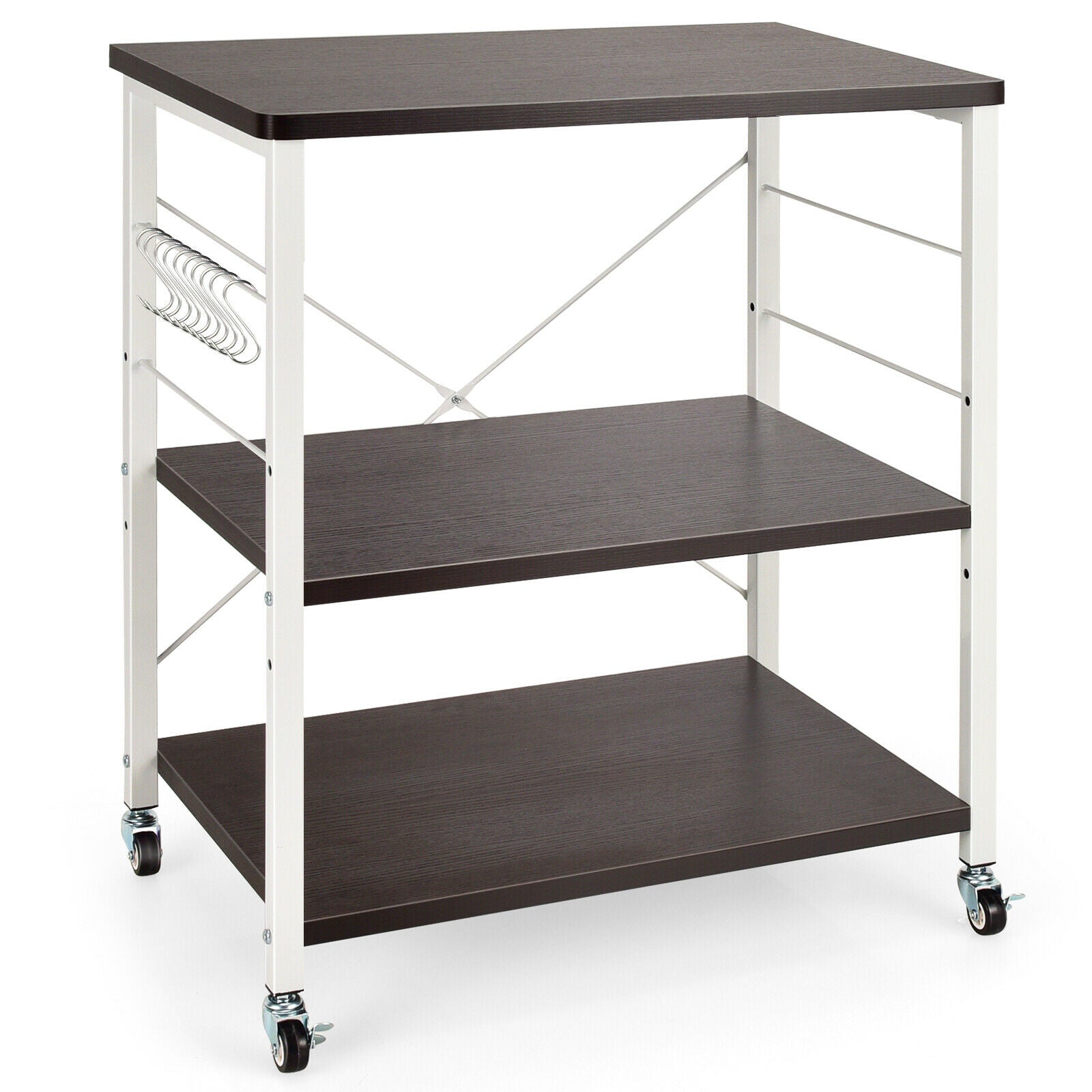 3 Tier Rolling Kitchen Baker's Rack with Adjustable Shelf and Hooks-Brown