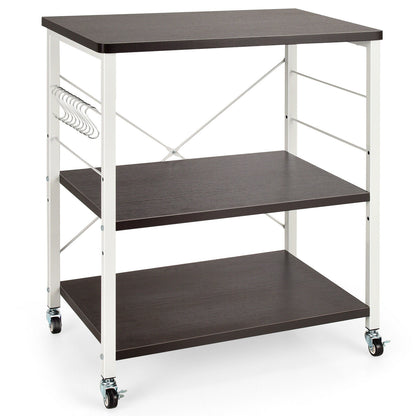 3 Tier Rolling Kitchen Baker's Rack with Adjustable Shelf and Hooks-Brown