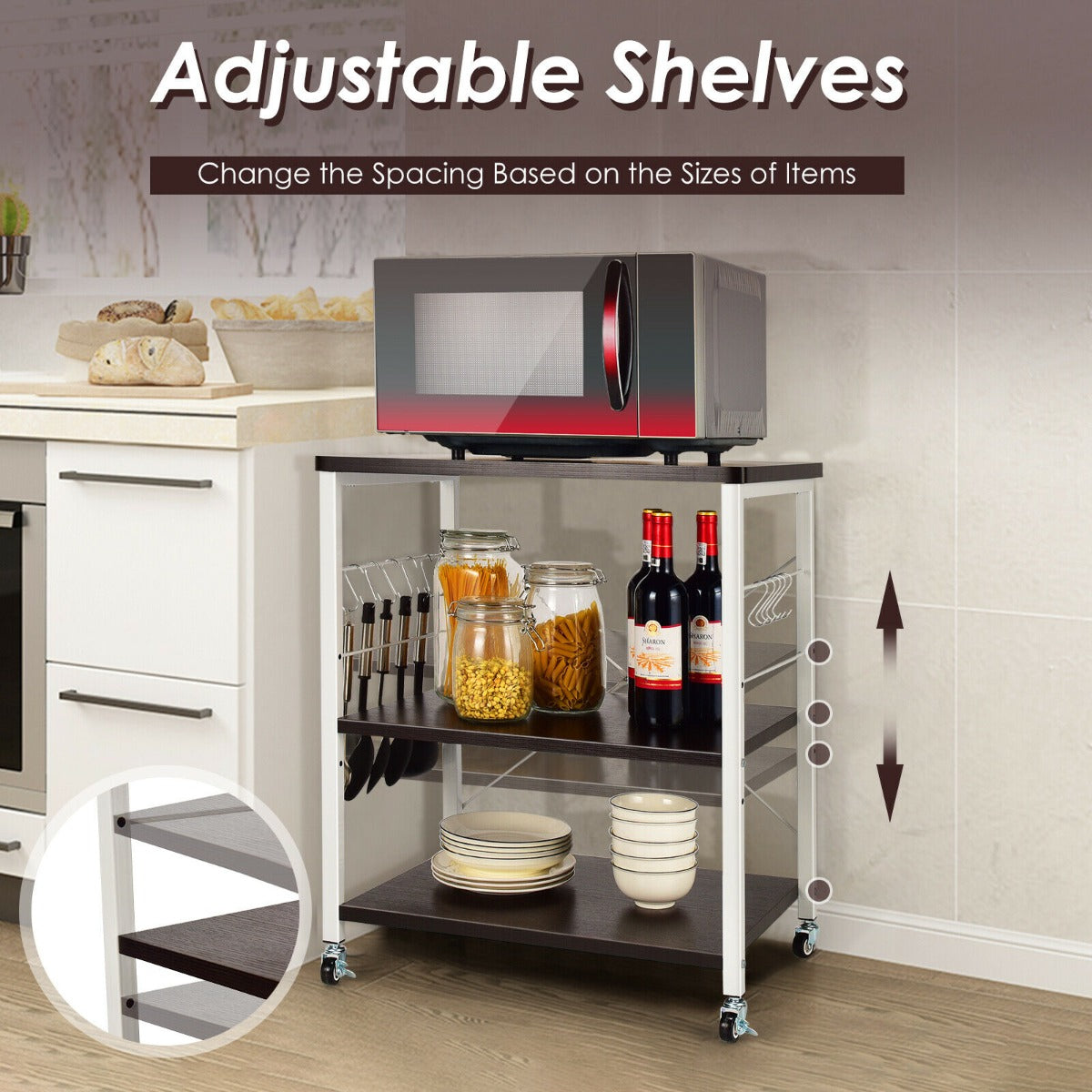 3 Tier Rolling Kitchen Baker's Rack with Adjustable Shelf and Hooks-Brown