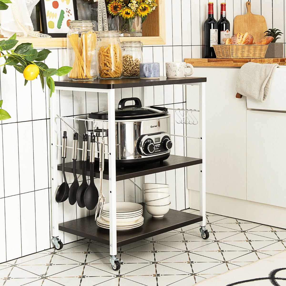 3 Tier Rolling Kitchen Baker's Rack with Adjustable Shelf and Hooks-Brown