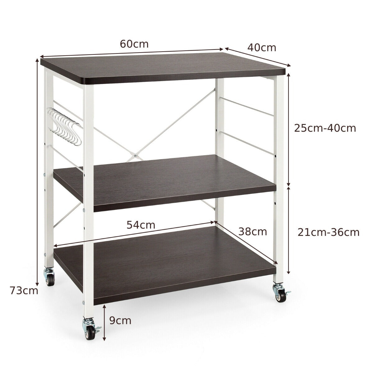 3 Tier Rolling Kitchen Baker's Rack with Adjustable Shelf and Hooks-Brown