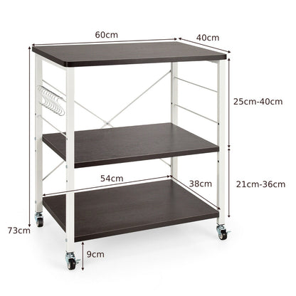 3 Tier Rolling Kitchen Baker's Rack with Adjustable Shelf and Hooks-Brown