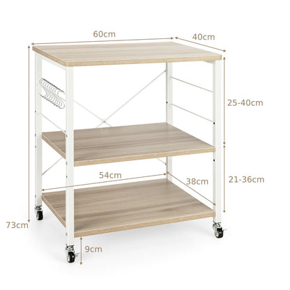 3 Tier Rolling Kitchen Baker's Rack with Adjustable Shelf and Hooks-Natural