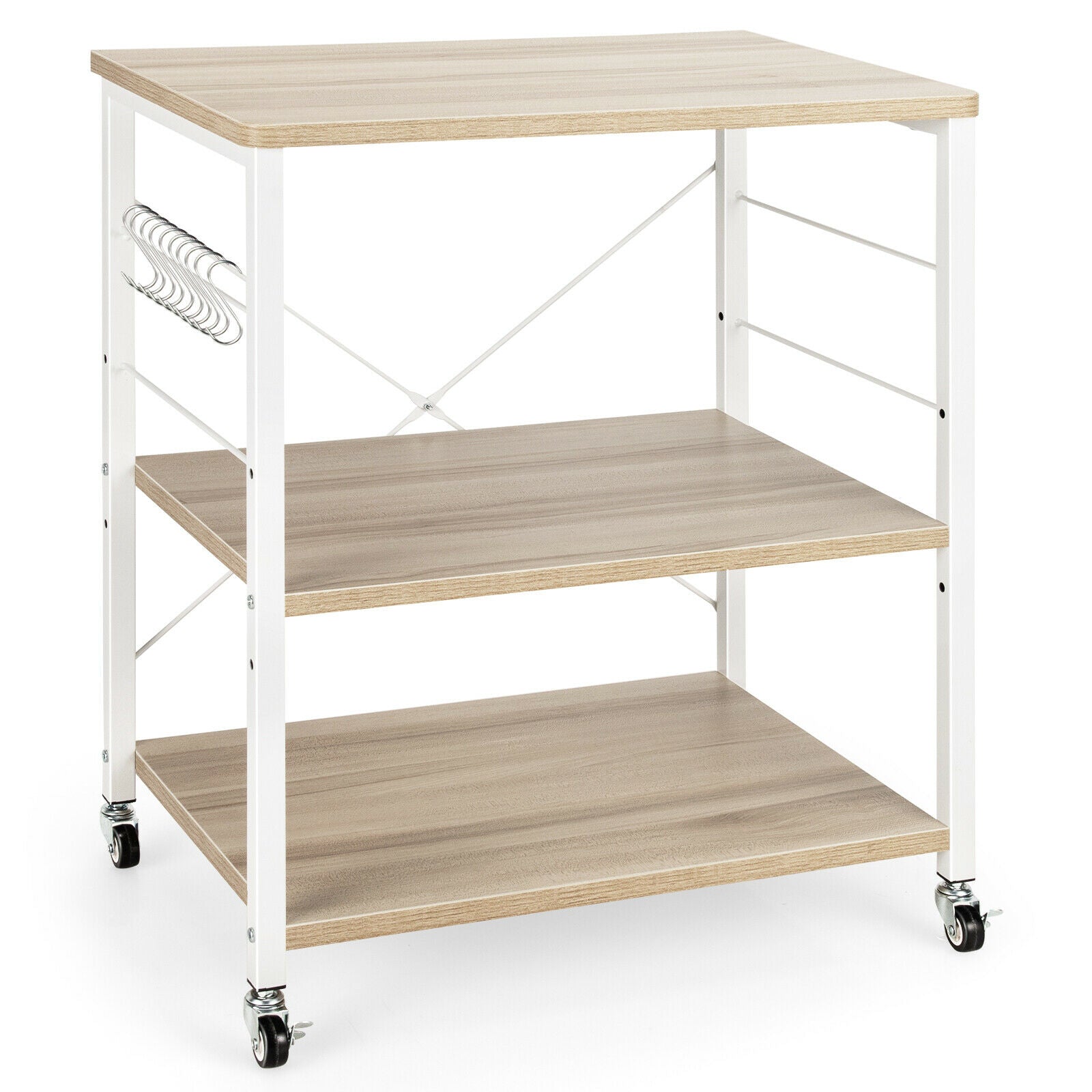 3 Tier Rolling Kitchen Baker's Rack with Adjustable Shelf and Hooks-Natural