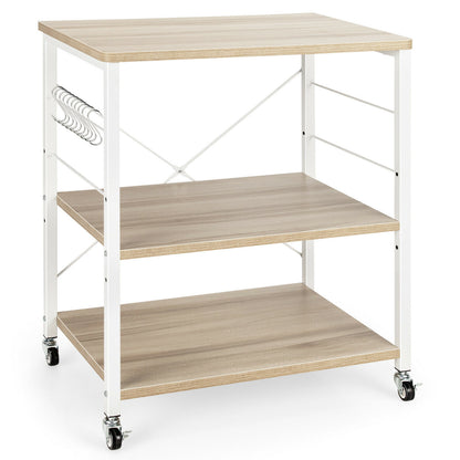 3 Tier Rolling Kitchen Baker's Rack with Adjustable Shelf and Hooks-Natural