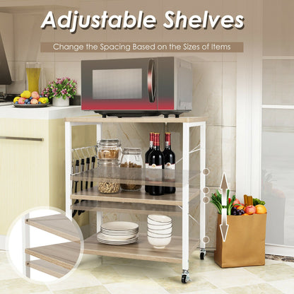 3 Tier Rolling Kitchen Baker's Rack with Adjustable Shelf and Hooks-Natural