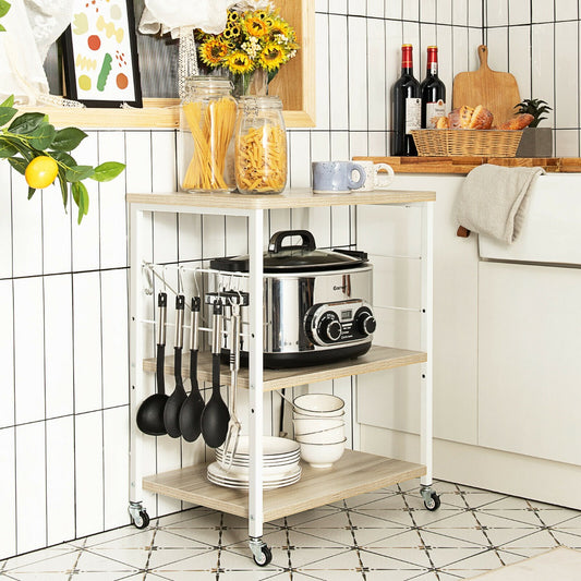 3 Tier Rolling Kitchen Baker's Rack with Adjustable Shelf and Hooks-Natural