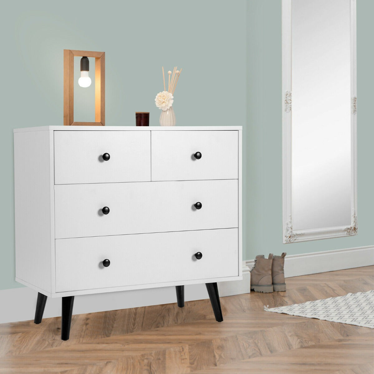 4 Drawer Chest Storage Dresser with Inclined Legs and Metal Handles